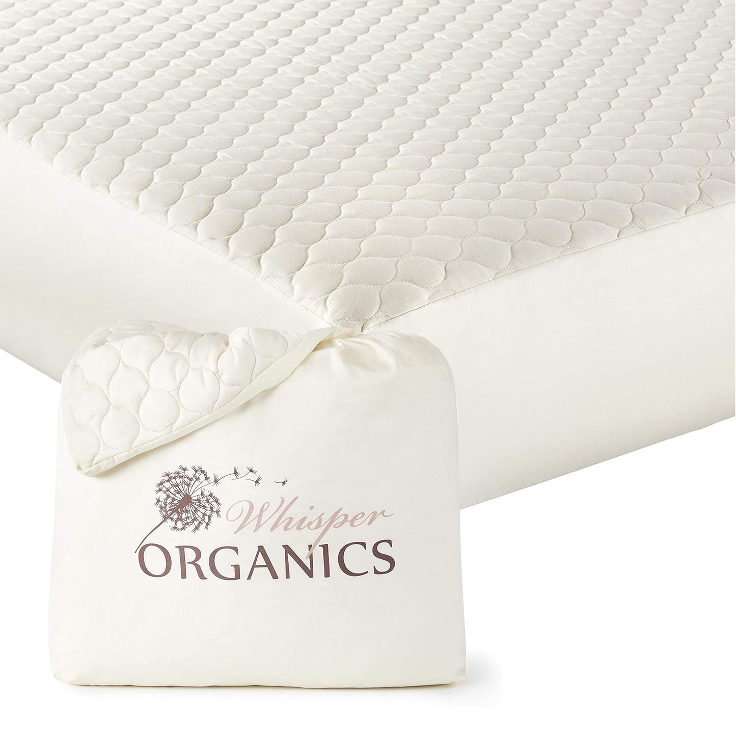 GOTS-certified organic cotton quilted mattress pad on bed with Whisper Organics drawstring bag.