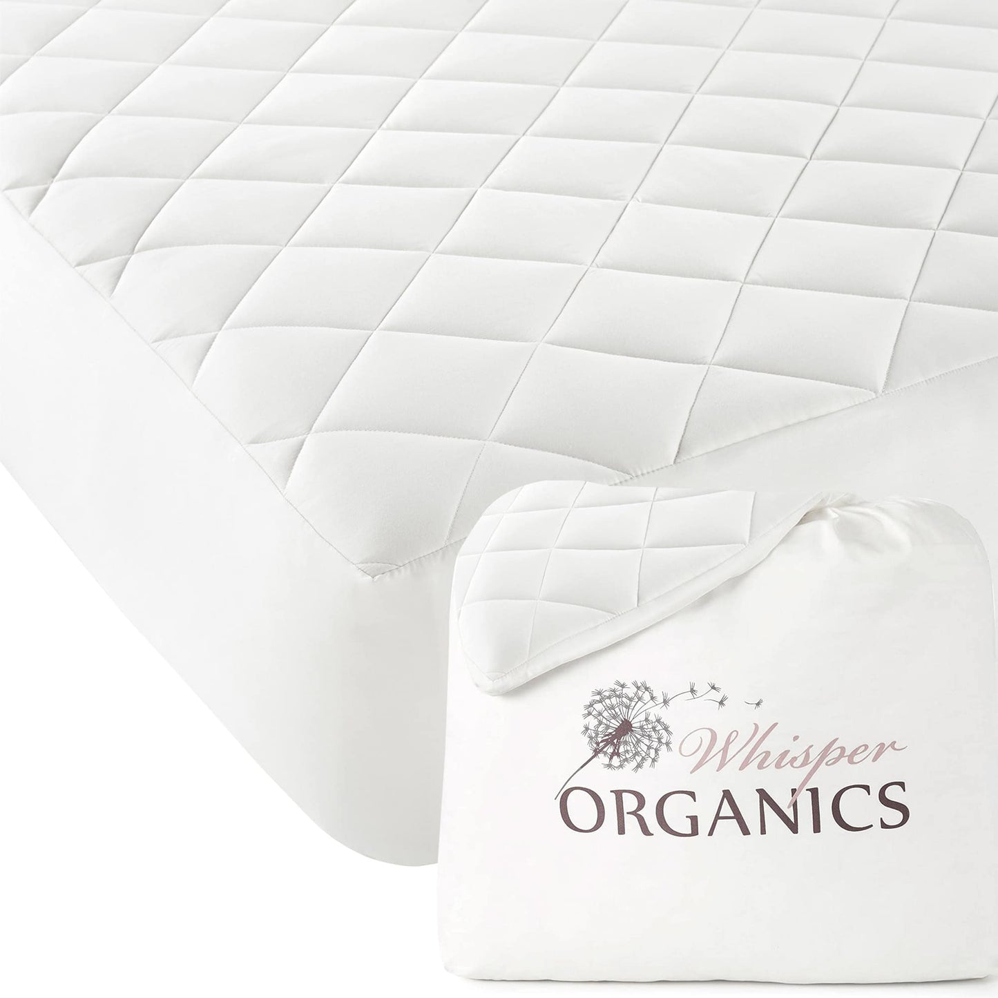 Whisper Organic GOTS and fairtrade certified luxury organic cotton quilted mattress pad protector with branded product bag on the side