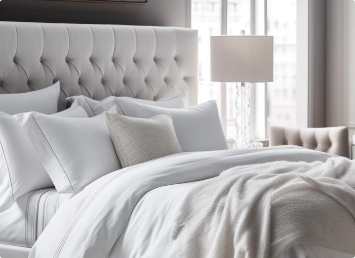 Organic cotton bedding layered on a made bed in soft natural light.