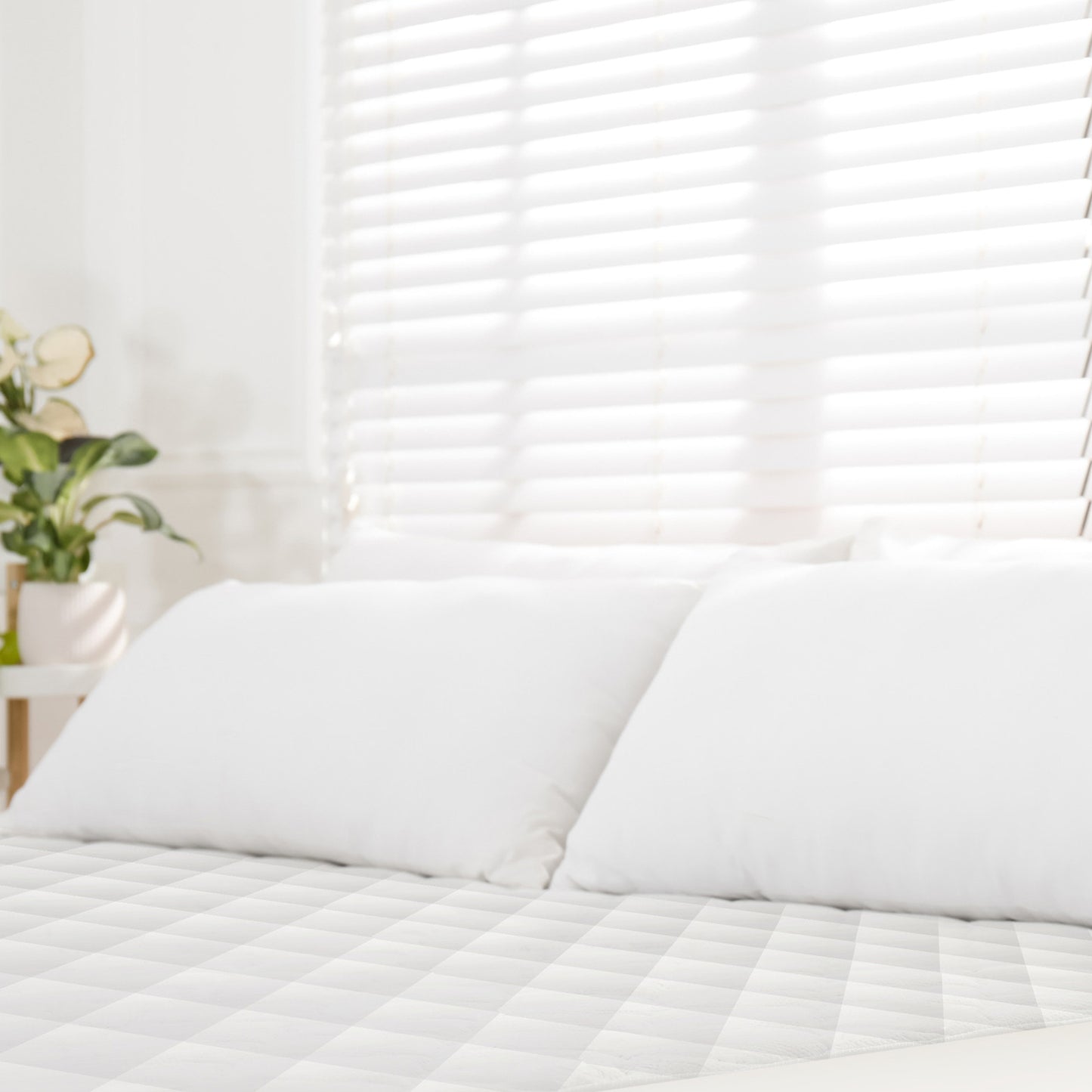 Luxury organic mattress pad on bed with white pillows, sunlight filtering through shaded window behind