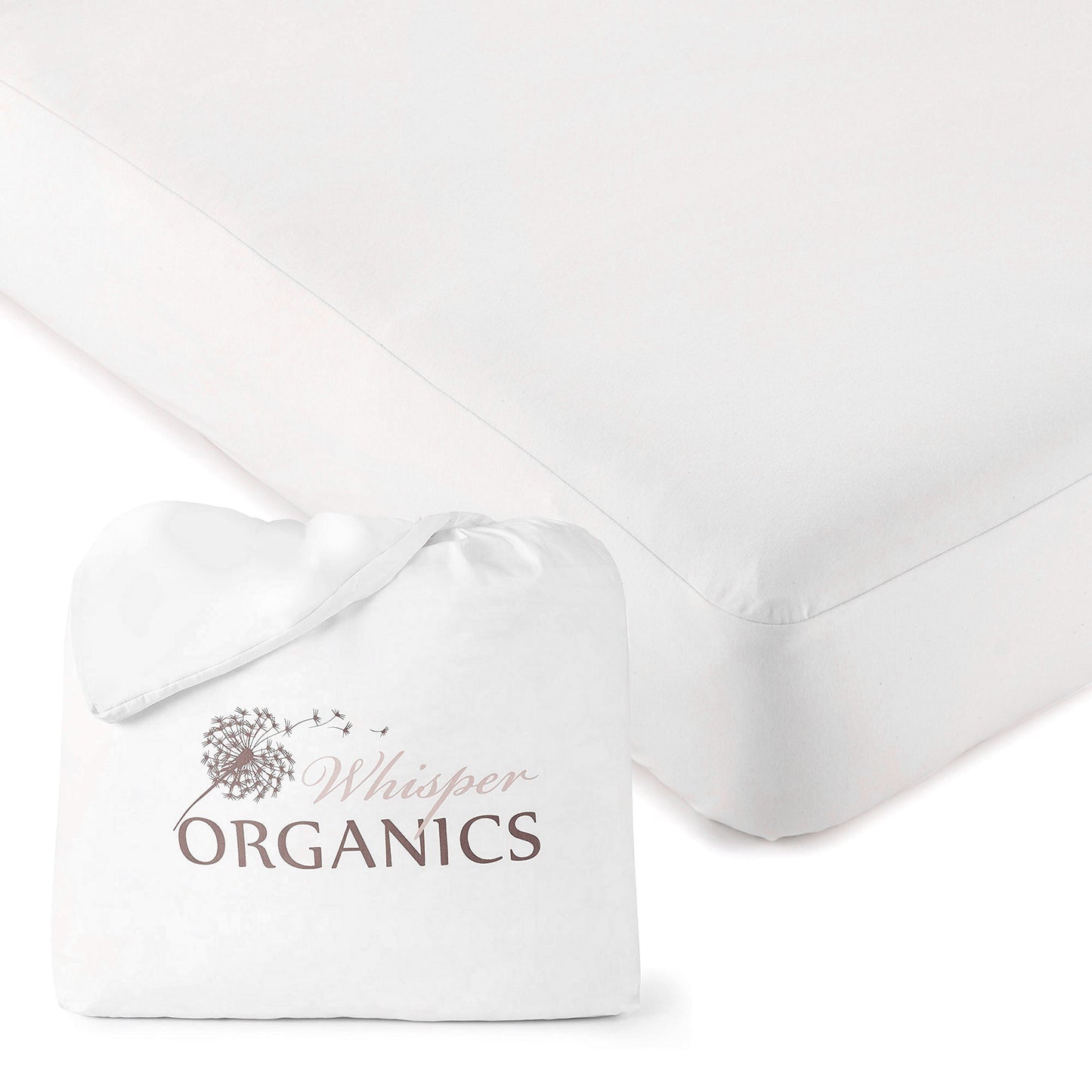Packaging displayed with fairtrade-certified waterproof organic jersey knit mattress cover on bed