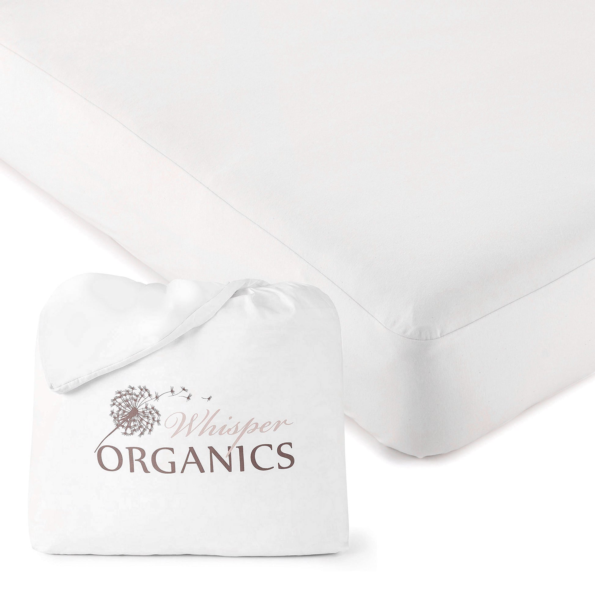 Packaging displayed with fairtrade-certified waterproof organic jersey knit mattress cover on bed