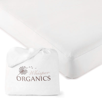 Packaging displayed with fairtrade-certified waterproof organic jersey knit mattress cover on bed