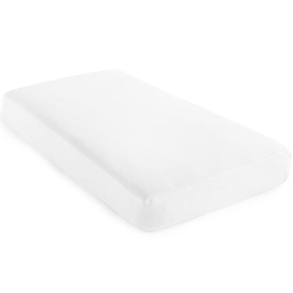 White GOTS organic cotton waterproof pique knit crib mattress cover on mattress with soft pique knit surface