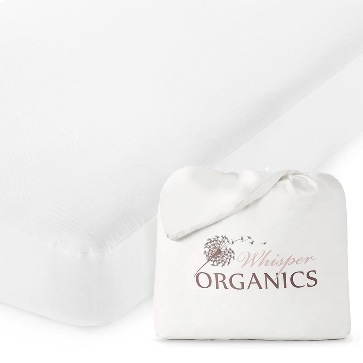 Whisper organics GOTS certified white organic cotton pique knit crib mattress cover laid across bed with branded reusable packaging on the side